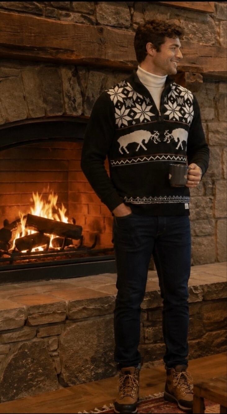 Chaps Mens Sweater Large Classic Fit Fair Isle Reindeer 1/4 Zip Nordic Sweater